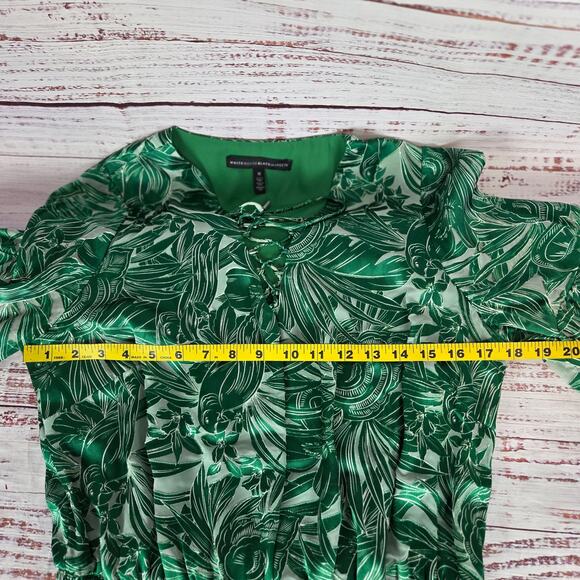 WHBM Silky Dress M Green Forest Fairy Floral Whimsy Pleated Ruched Lace up Neck - Picture 10 of 16